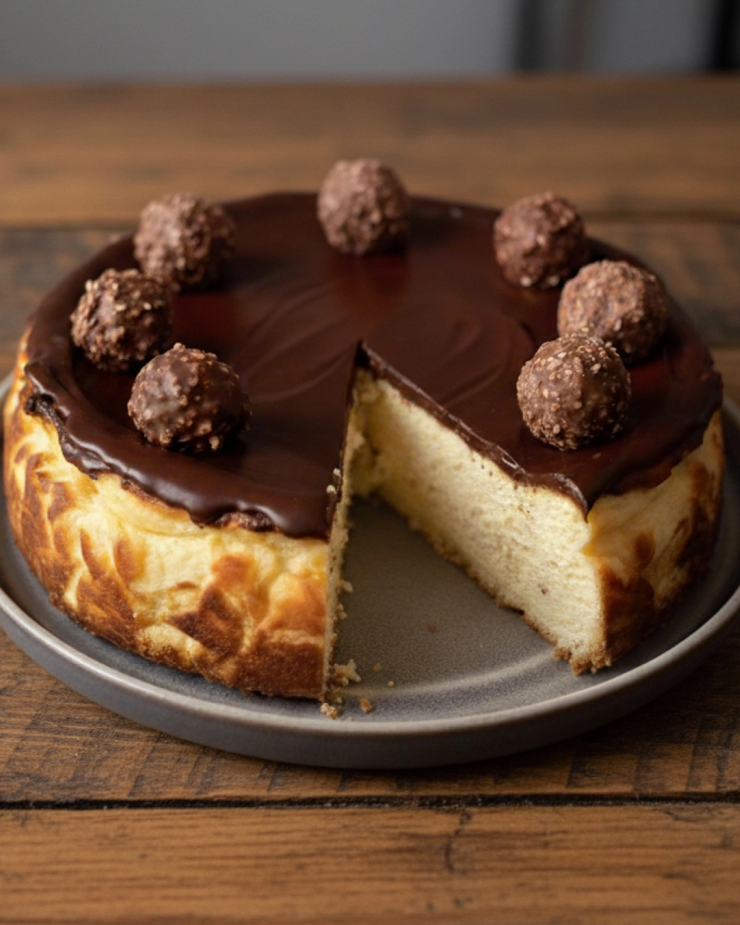 Rich dark chocolate Basque cheesecake slice.