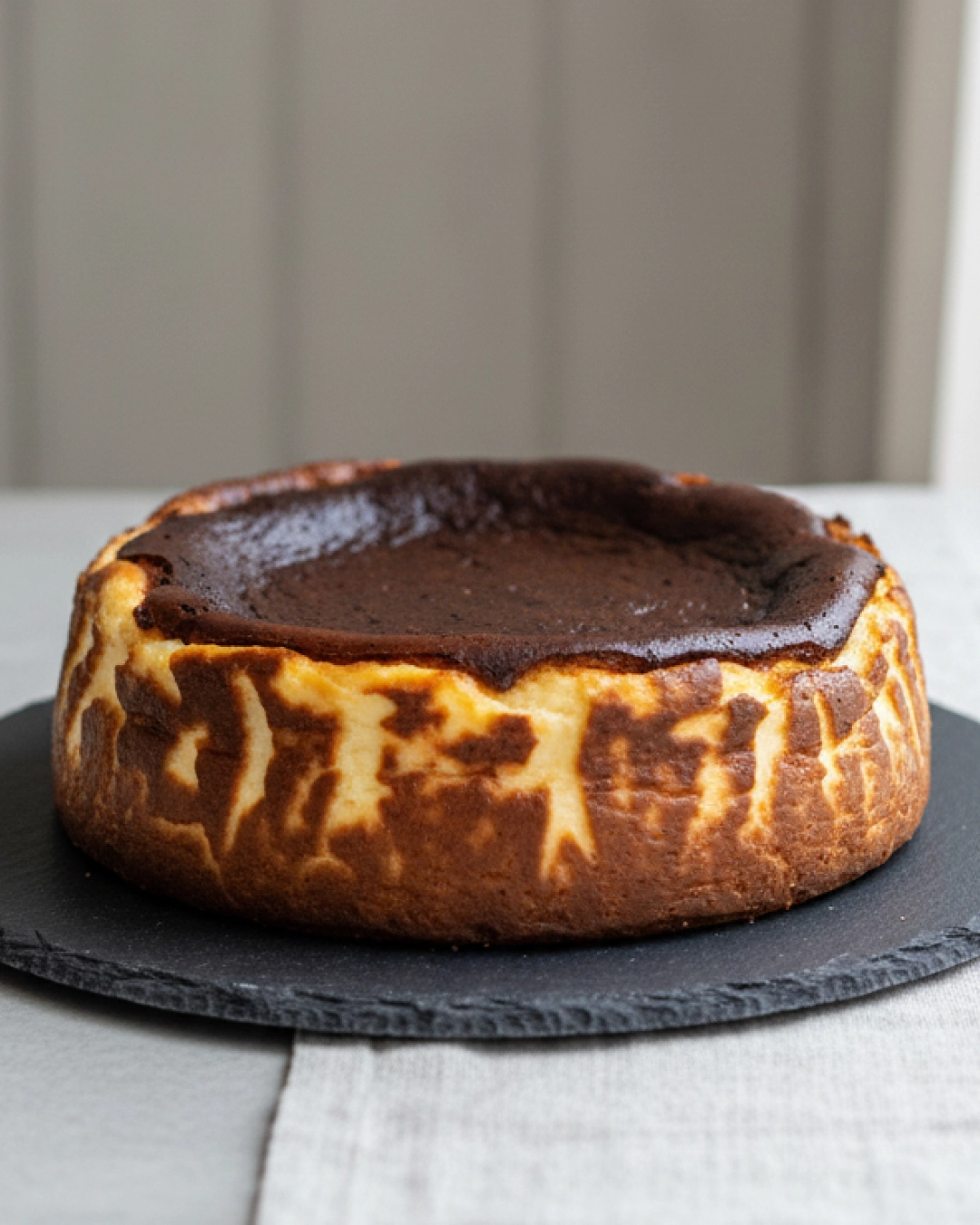 Slice of classic Basque cheesecake with a burnt caramelised top and creamy centre.