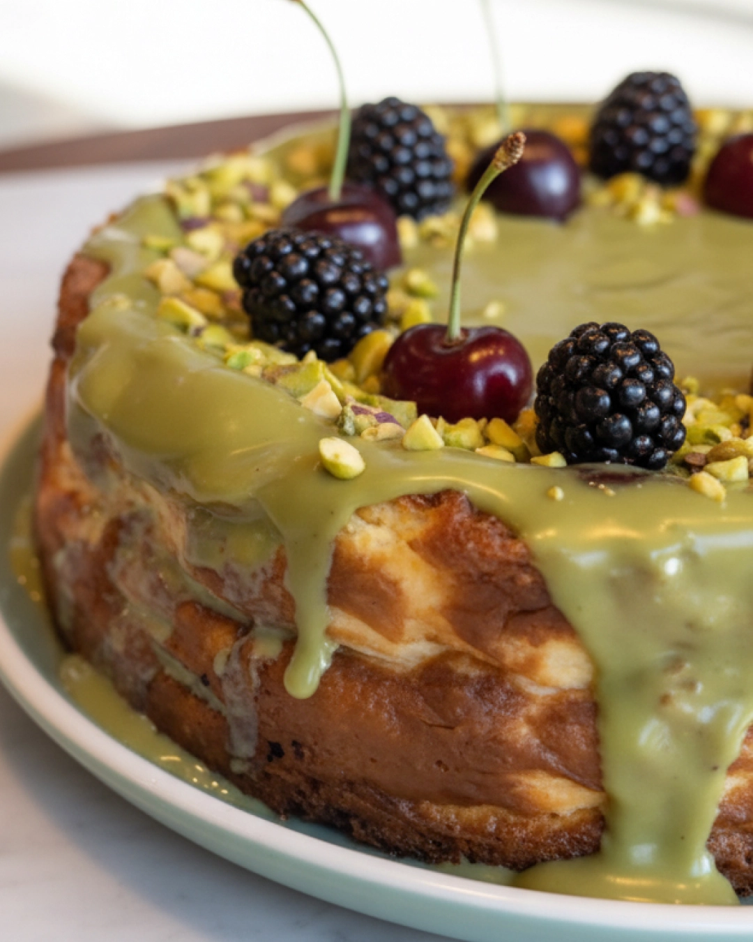 Pistachio Basque cheesecake topped with crushed nuts and green pistachio cream.